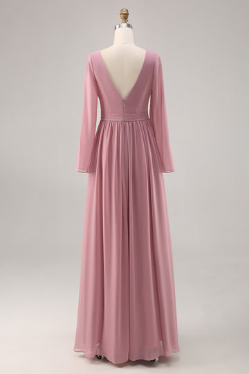 Simple Dusty Rose Long Sleeves V-Neck Bridesmaid Dress with Slit